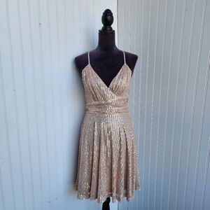 D&M Dress Beige Sequin Sleeveless Spaghetti Straps Wrap V-Neck Back Zip Size M